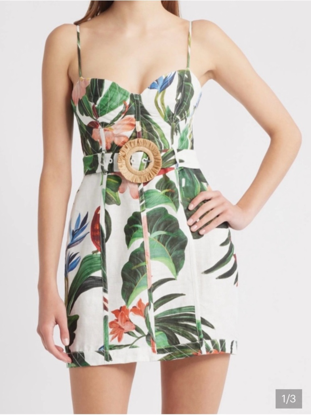 FARM Rio White Tropical Leaf Print Belted Mini Dress